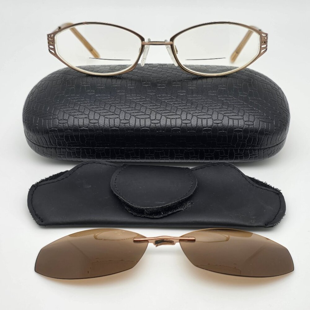 Easyclip O1004 Gold Eyeglasses Frame w/ Clip on Brown Polarized Sunglasses